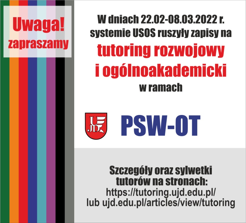 plakat z zaproszeniem do zapisów na tutoring rozwojowy i ogólnoakademicki w ramach PSW-OT